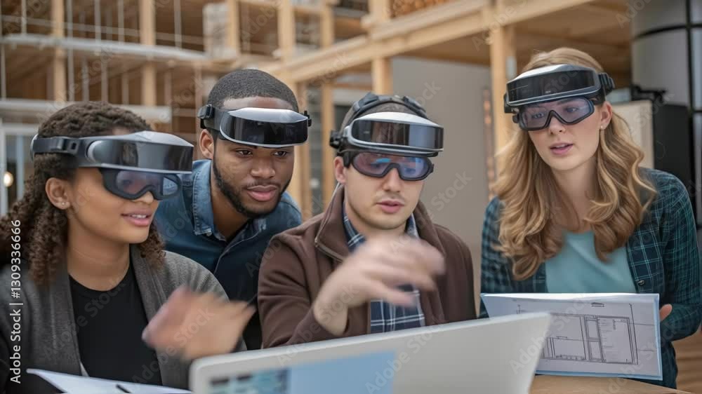 Aufkleber Professional architects collaborating using augmented reality glasses near laptop, analyzing interactive 3d building model within modern office environment, exploring innovative design strategies