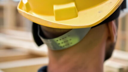 Close up video capturing construction worker wearing essential safety gear, revealing protective glasses and hard hat from multiple angles while highlighting workplace safety standards