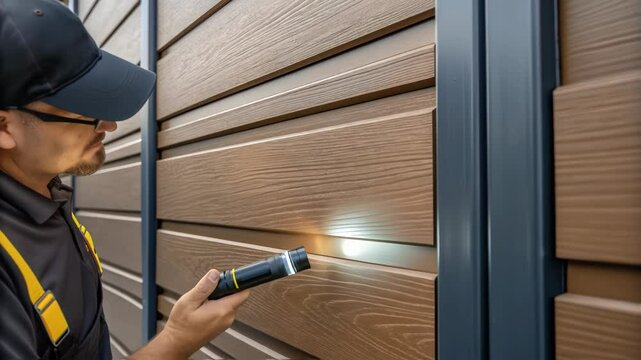 Professional construction worker carefully examines new composite wood fence panels using flashlight, ensuring quality and structural integrity of outdoor installation