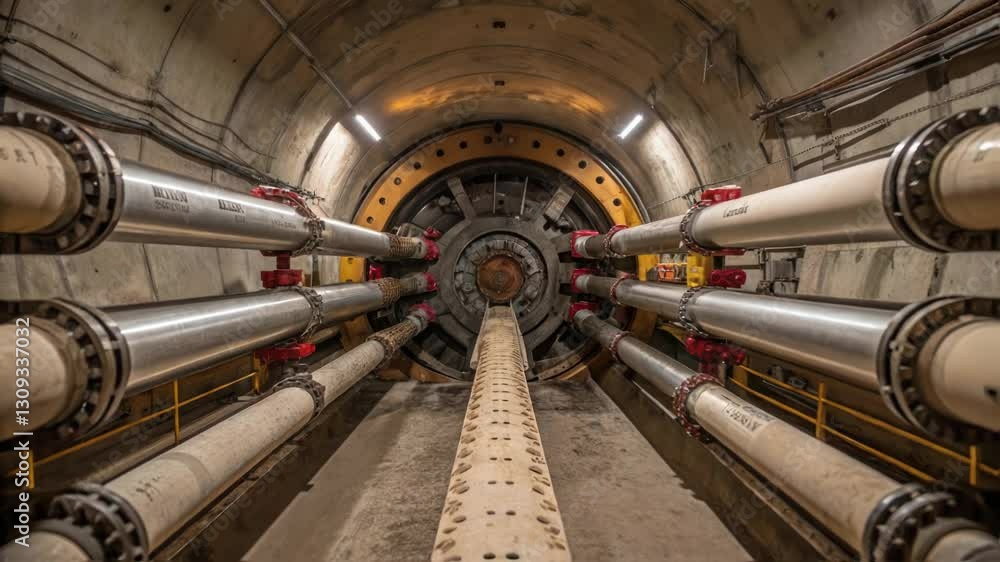 Aufkleber Powerful tunnel boring machine - tbm - is operating underground, advancing through a newly excavated tunnel, surrounded by pipelines and support structures