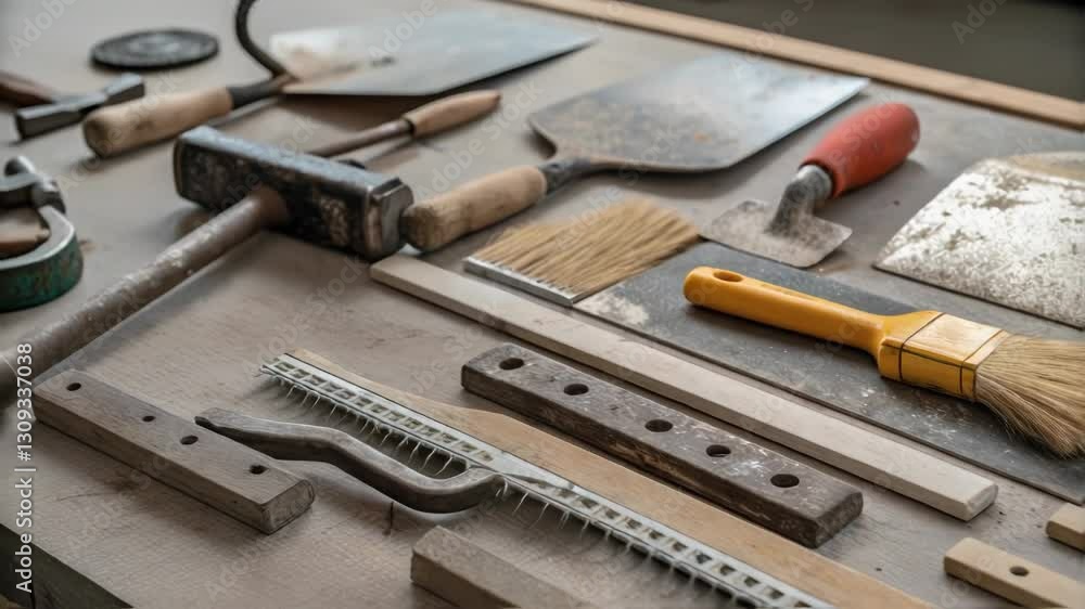 Fototapete Various construction tools. Including trowels. Brushes. Hammers. And notched trowels. Are progressively placed on a workbench. Creating a visual representation of a construction project's preparation