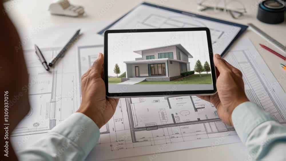 Aufkleber Architect showing a 3d house rendering on a tablet over a blueprint, showcasing the integration of technology and traditional design in modern architectural practices