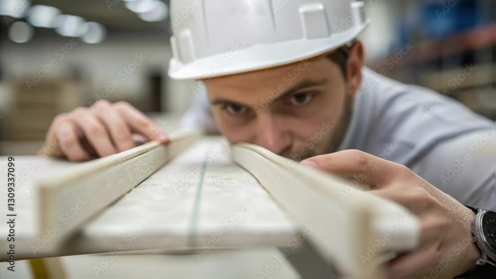 Poster quality control inspector wearing a white hardhat carefully examines alignment and spacing of cerami