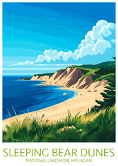 Sleeping Bear Dunes National Lakeshore Michigan Poster Illustration Travel Print Decor Gift Paper Canvas Wall Retro Art