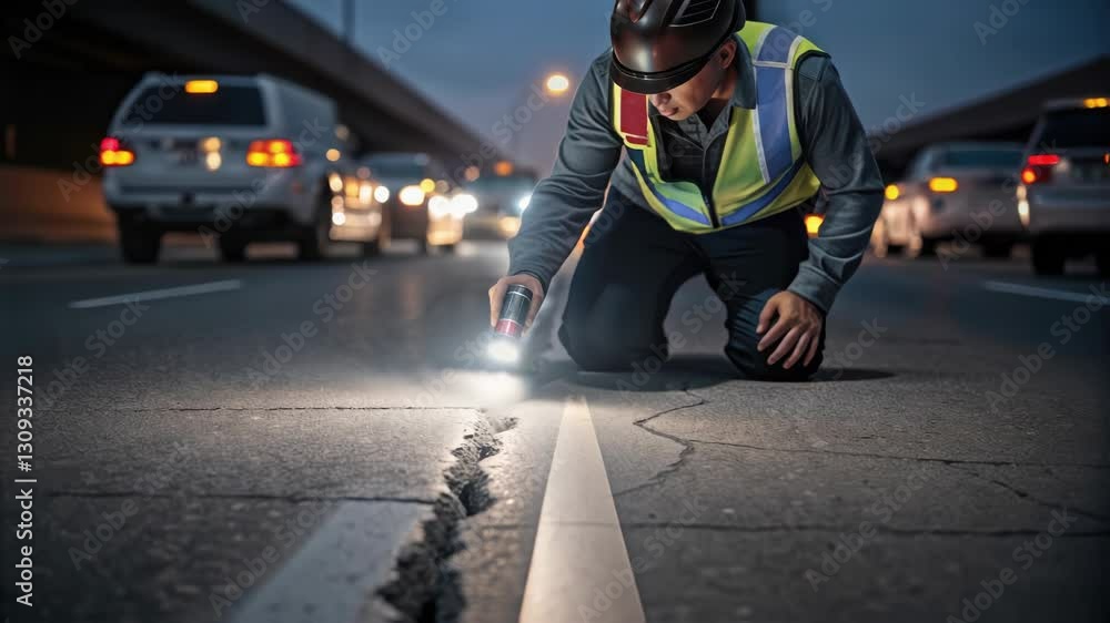 Leinwandbilder civil engineer inspecting a crack in the asphalt of a highway at night, using a flashlight to illumi