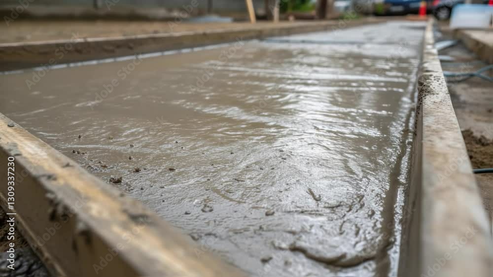 Poster fresh concrete is poured into wooden formwork, creating a new sidewalk section, showcasing the proce