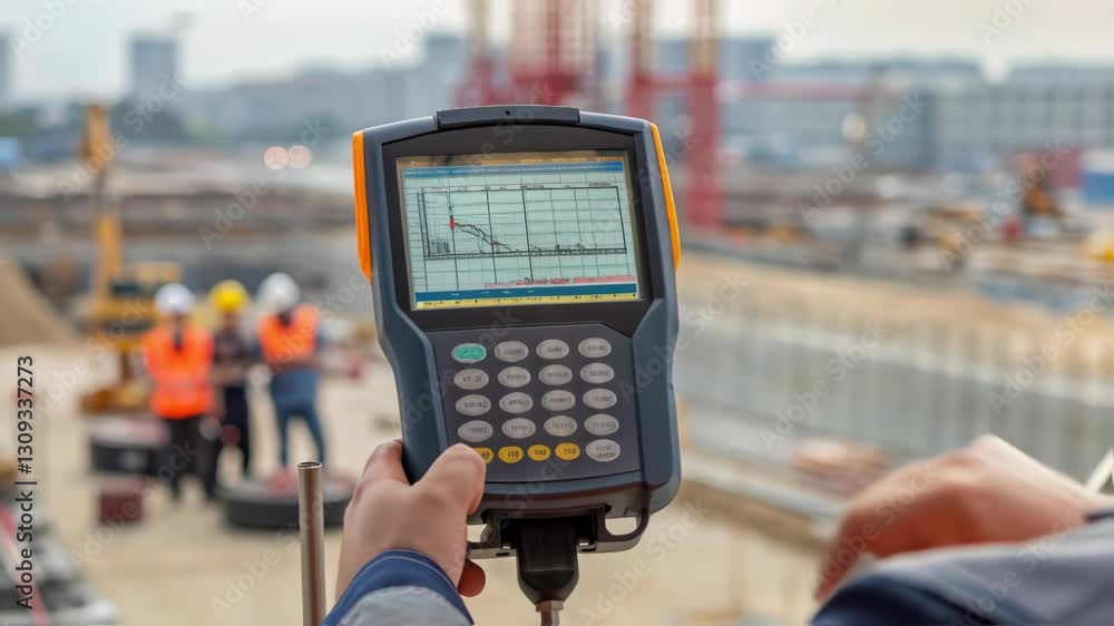 Poster professional surveyor engineer working with high precision electronic total station, capturing accur