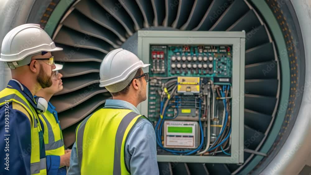 Poster Maintenance engineers in safety vests and helmets are inspecting a jet engine, pointing at various components and discussing its functionality