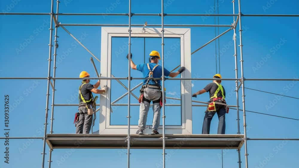 Poster construction workers wearing safety harnesses and helmets are carefully installing a white window fr