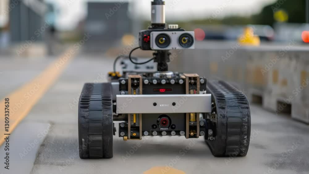 Aufkleber mobile robot equipped with cameras and sensors navigating autonomously on a concrete road, showcasin