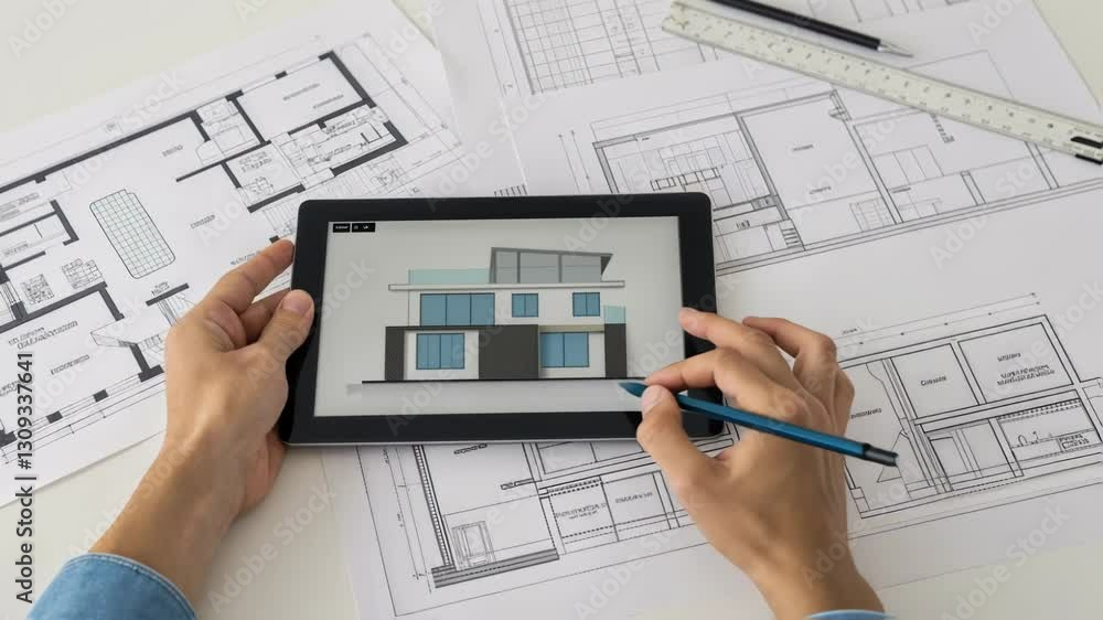 Aufkleber Professional architect designing residential project, using digital tablet and stylus while reviewing architectural blueprints on minimalist white workspace