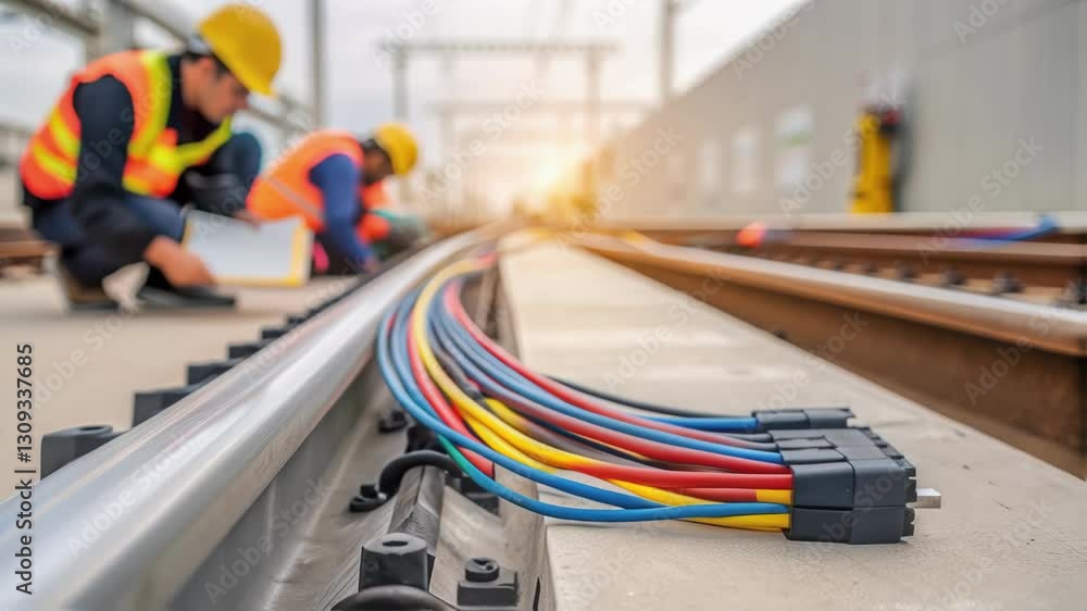 Poster Railway engineers are inspecting and maintaining a series of colorful electrical cables attached to a rail track, ensuring the smooth operation of the train system
