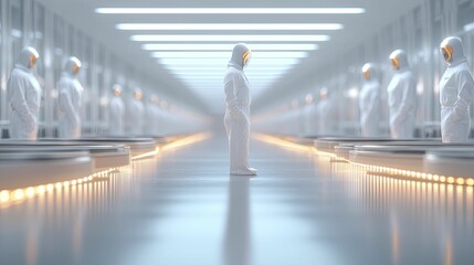 An empty assembly line showcasing automated quality assurance systems, with clean lines and soft lighting for a serene effect.