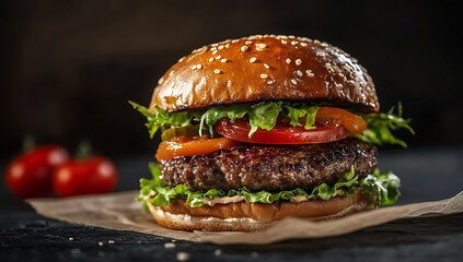 A beef cheeseburger with sesame bun and lettuce, isolated fast food meal
