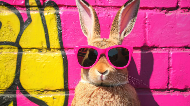 rabbit wearing pink sunglasses stands against vibrant graffiti wall