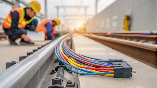 Railway engineers are inspecting and maintaining a series of colorful electrical cables attached to a rail track, ensuring the smooth operation of the train system