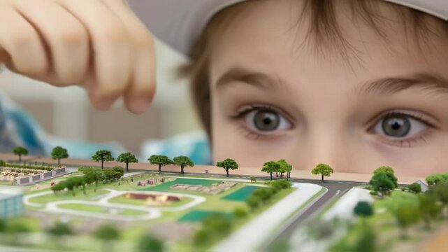 Young architect carefully positioning miniature trees on intricate park scale model, showcasing precision, concentration, and passion for urban landscape design