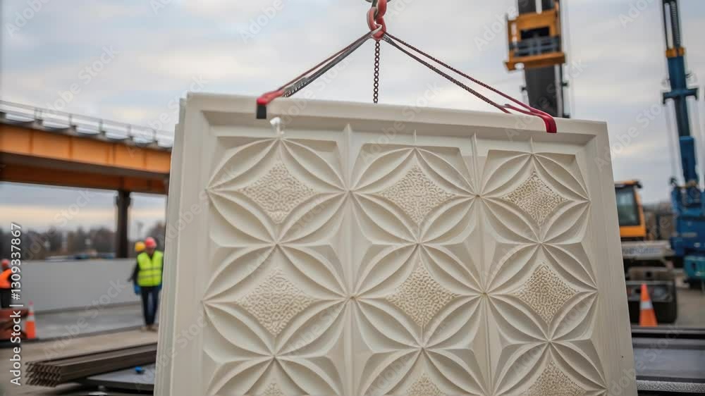 Poster construction workers oversee a crane lifting ornate precast concrete panels with a geometric floral 