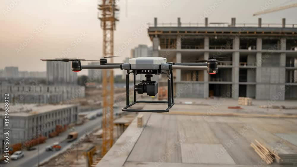 Leinwandbilder Modern quadcopter drone with camera hovering over construction site, inspecting building progress and concrete structures with crane in background