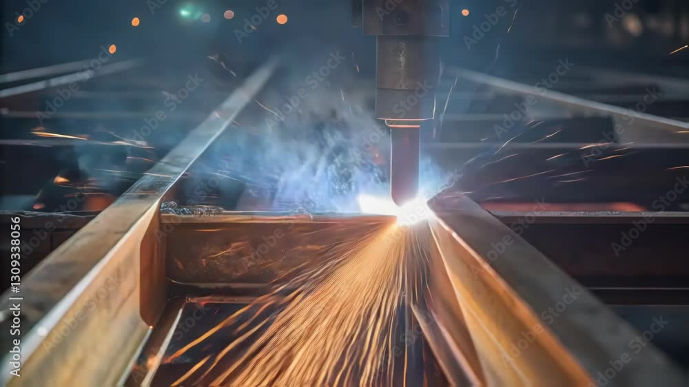 Poster sparks and smoke fill the air as an automated welding machine joins metal beams, showcasing the prec