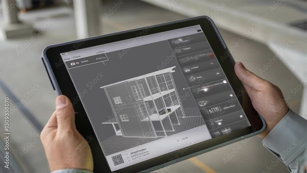 Poster Construction engineer using a tablet showing an interactive 3d model of a building, changing the structural elements and adding details in augmented reality