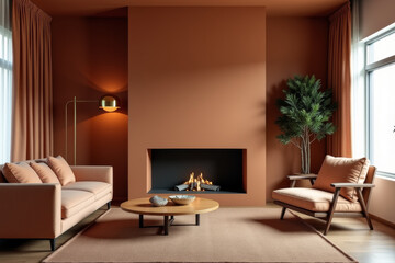 Fototapeta premium A stylish modern mid-century living room with warm tones and minimalist decor .