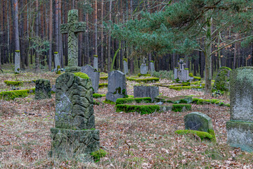 old historical abandoned and forgotten cemetery in the middle of the forest. crumbling and...