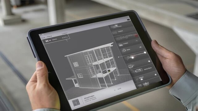 Construction engineer using a tablet showing an interactive 3d model of a building, changing the structural elements and adding details in augmented reality