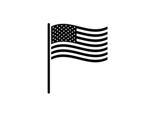 Simple icon of the american flag in black and white, featuring stars and stripes in a bold design.