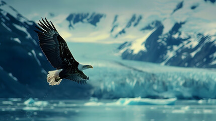 A breathtaking view of a bald eagle soaring high over the snowy Alaska mountains and floating icebergs, symbolizing power and grace.