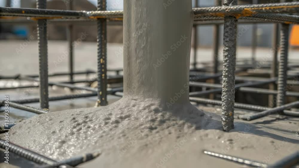 Poster liquid concrete flowing into metal reinforcement cage, forming robust foundation base for emerging a