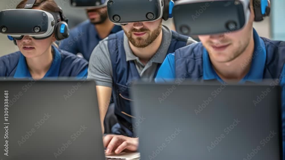 Poster Professional technicians developing technical skills through virtual reality training using vr headsets and laptops in modern office workspace