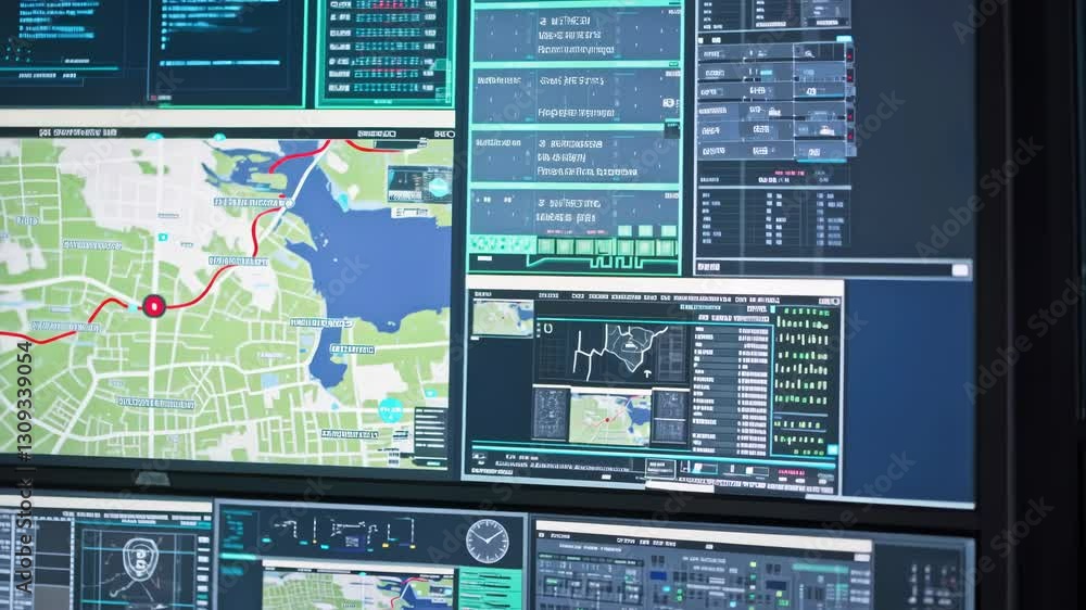 Poster Industrial engineer wearing safety helmet and vest analyzing data and schematics displayed on several monitors, supervising industrial processes and infrastructure