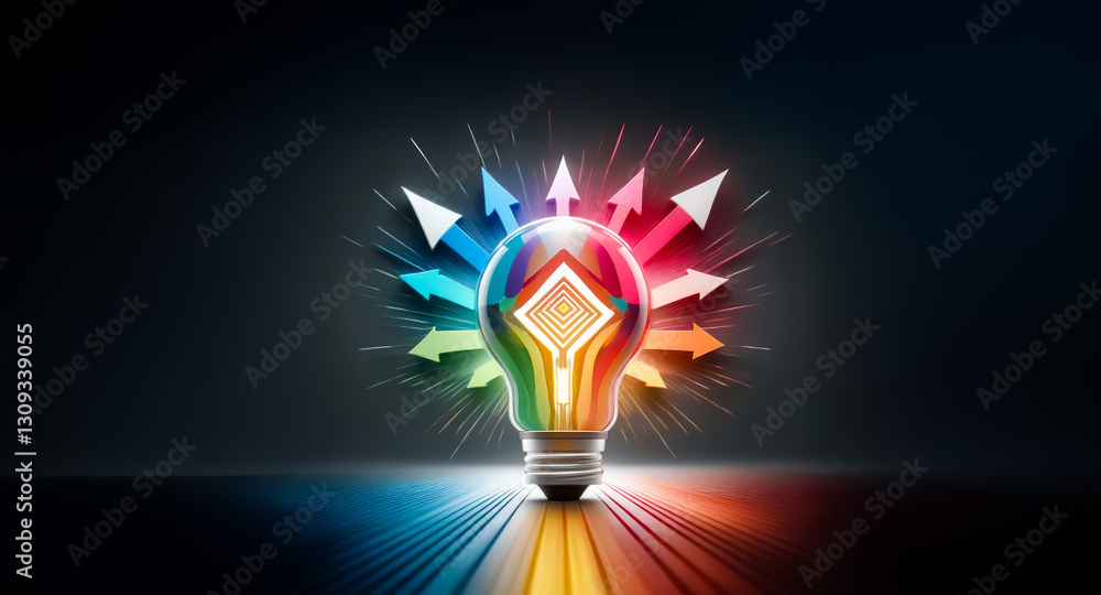 Poster a vibrant lightbulb emits colorful arrows, symbolizing ideas spreading from a central point of innov