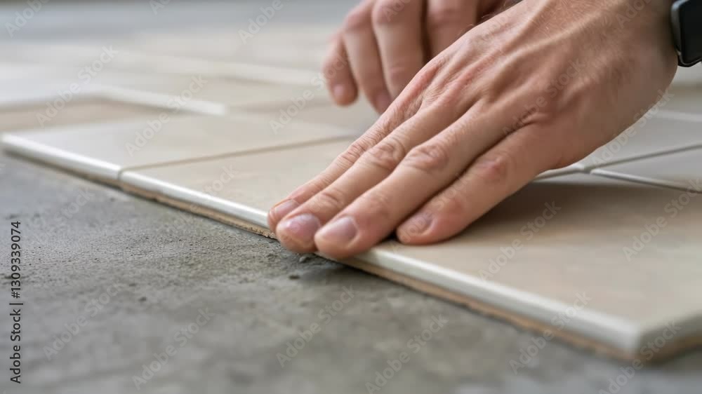 Poster close up of construction worker hands carefully placing ceramic tiles on a concrete floor, ensuring 