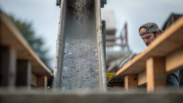 Skilled construction worker carefully pouring concrete into wooden formwork during building foundation process at active construction site