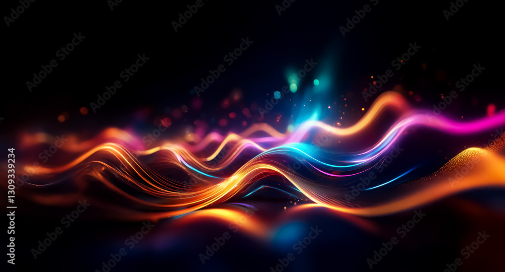 Poster Vibrant light streaks flow across a dark backdrop in an abstract display of color and motion, creating an energetic and luminous visual effect.