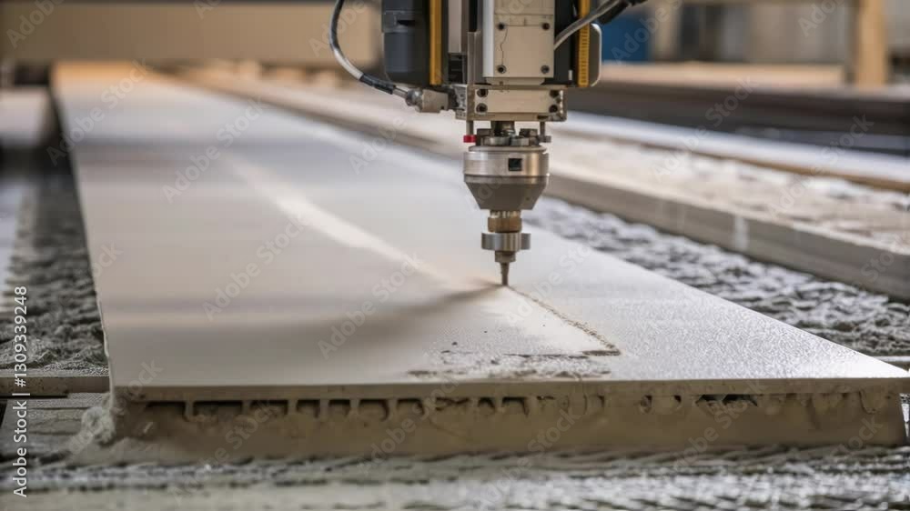 Poster automated industrial process shows a robotic arm precisely milling a large gypsum panel, showcasing 