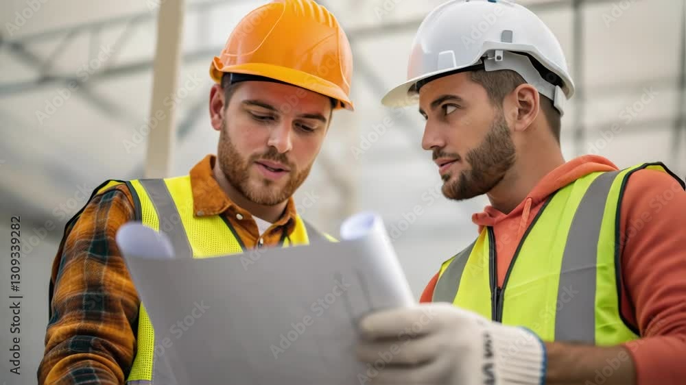 Poster construction team wearing bright safety vests and protective hard hats reviewing architectural bluep