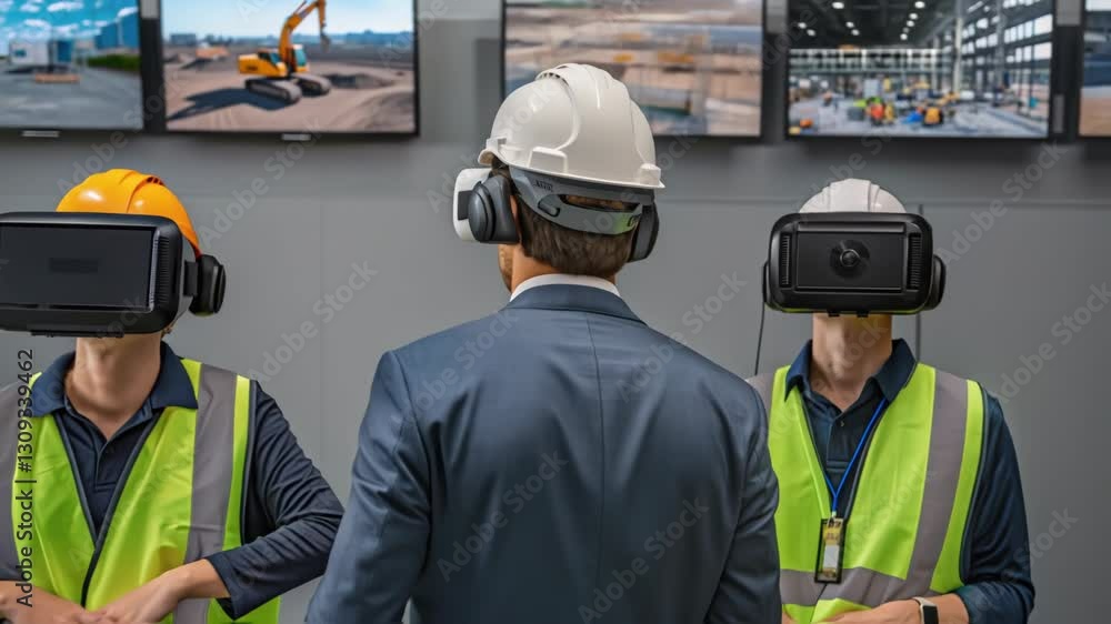 Poster engineers and a businessman are wearing vr headsets and exploring a simulated industrial environment