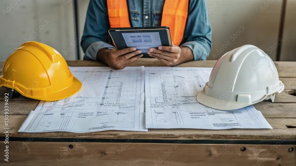 Poster construction professional in orange safety vest analyzing digital blueprints on wooden table, repres