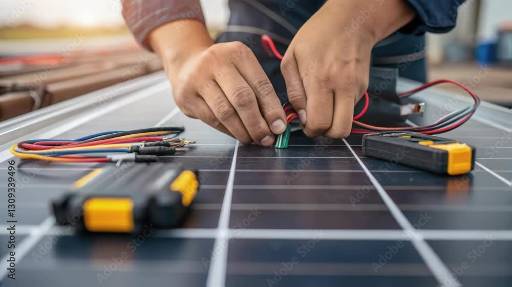 Aufkleber close up of engineer hands meticulously connecting wires to a solar panel, demonstrating the process
