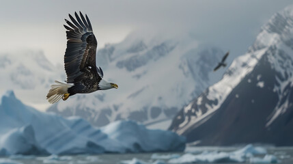 A breathtaking view of a bald eagle soaring high over the snowy Alaska mountains and floating icebergs, symbolizing power and grace.