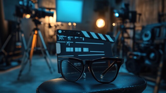 Filmmaking equipment and glasses rest on a set