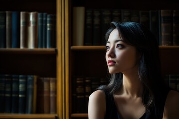 Graduate in quiet contemplation in a library steps setting with split lighting