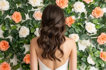 Naklejka premium Wedding planning milestone. A woman with wavy hair stands before a floral wall adorned with peach and white roses, creating a romantic and serene atmosphere.