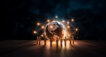 Silhouettes surround an illuminated globe.  Glowing lines link them, symbolizing a global network and digital interconnectedness.  A concept of worldwide communication.