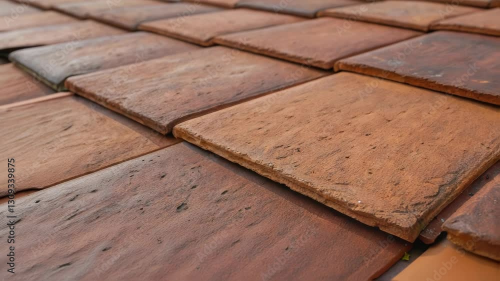 Aufkleber Close up perspective revealing intricate texture and overlapping pattern of roof tiles, showcasing geometric design and weathered surface with subtle sunlight and shadow interplay
