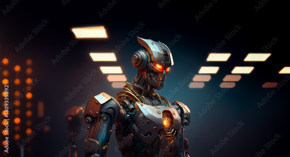 Aufkleber a metallic robot with glowing red eyes stands in a dark, futuristic environment. its intricate body 