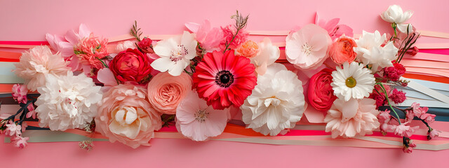 A beautiful floral arrangement with various flowers in pink, white, and red colors
